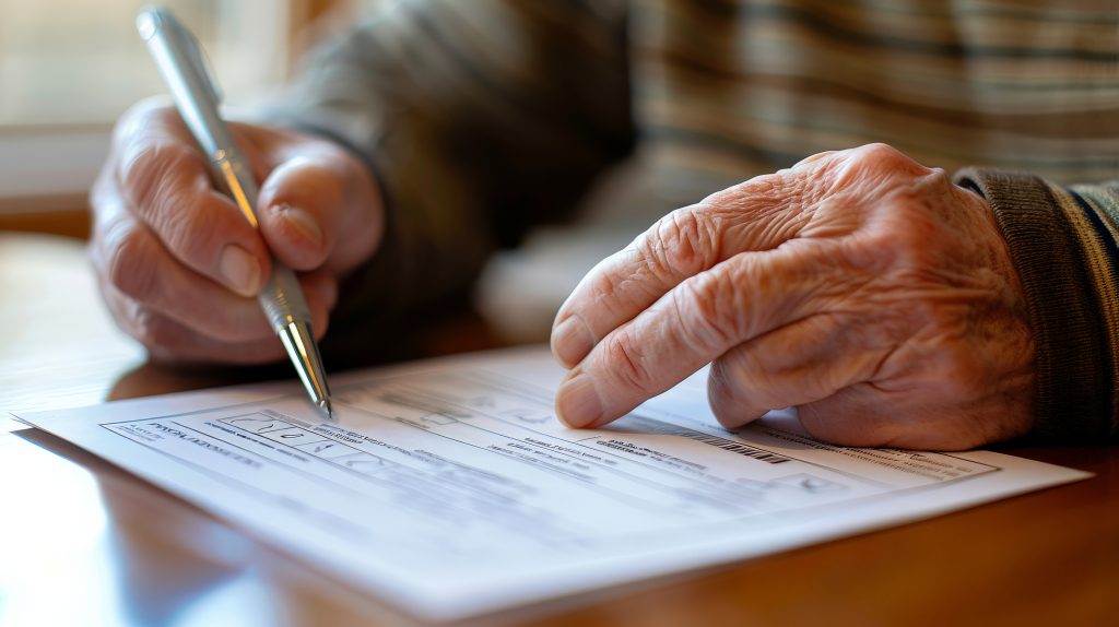 person filling out mailin ballot home pen hand focused expression
